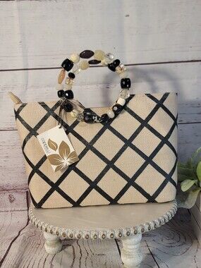 Cappelli Straworld Woven Diamond Grid Top Handle Tote Bag-Jewel Beaded Handles